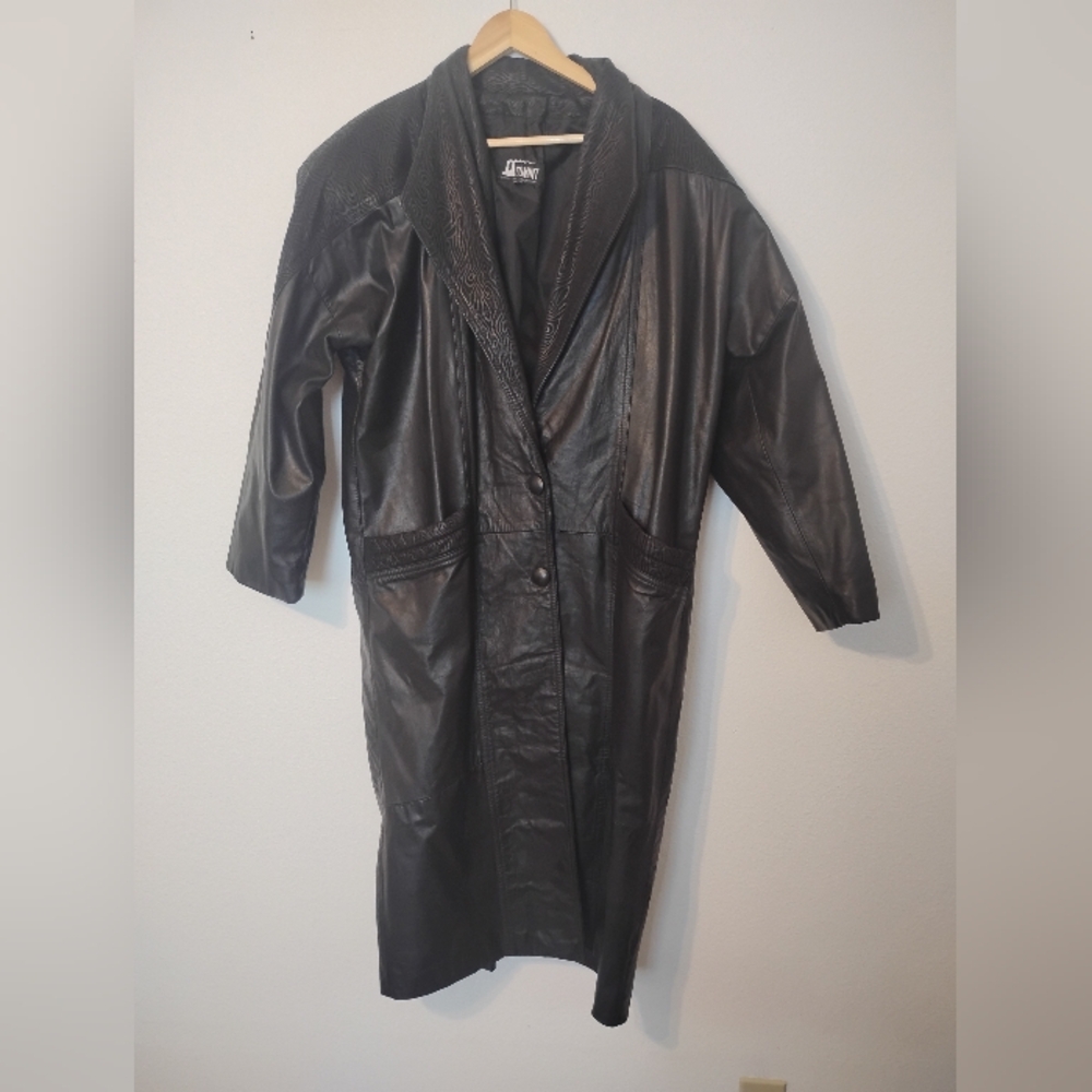 Vintage Comint Genuine Leather Wood Grain Print Button Up Men's Trench Coat